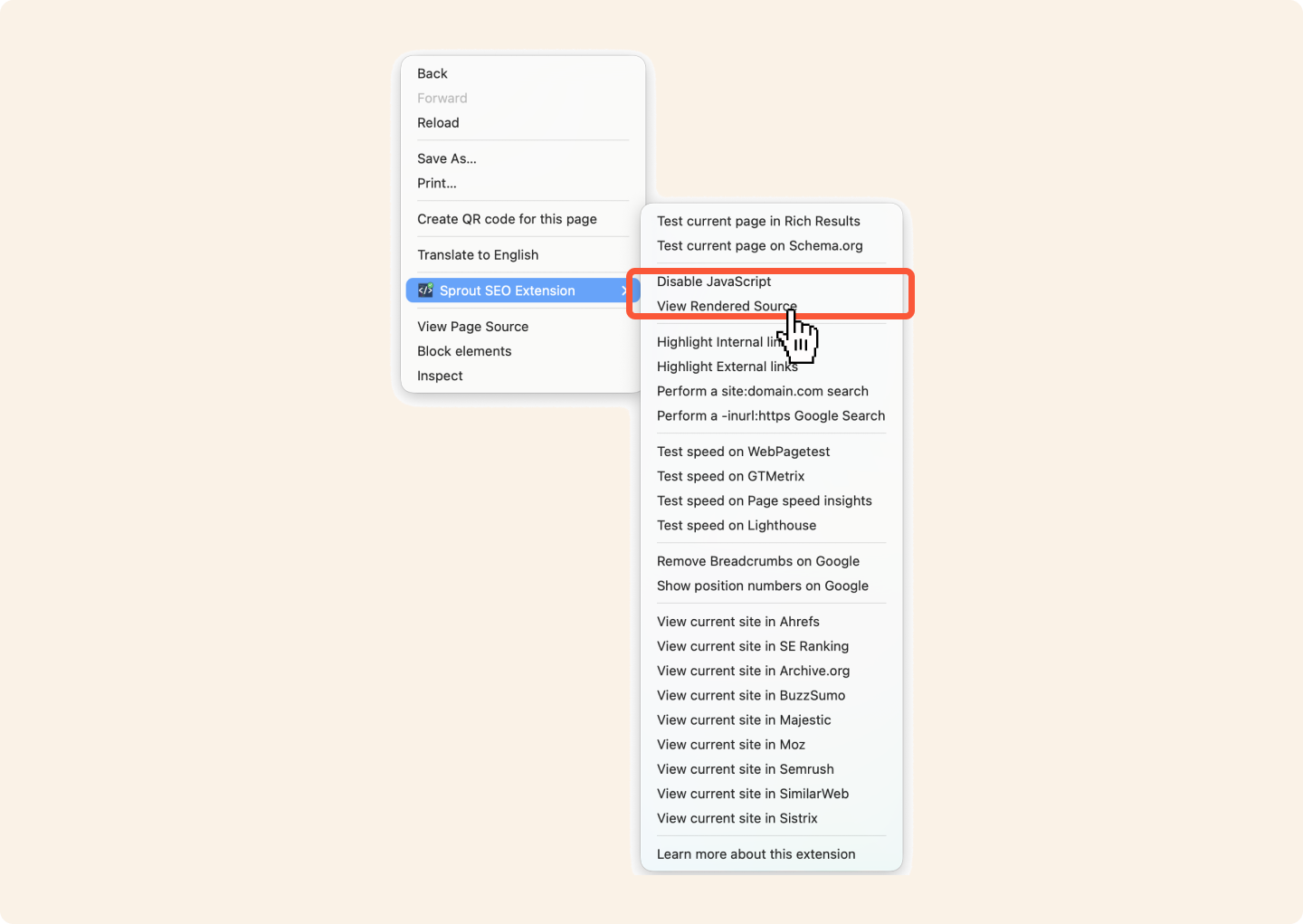 Disable JavaScript and have the ability to view the rendered source straight from the right-click context menu