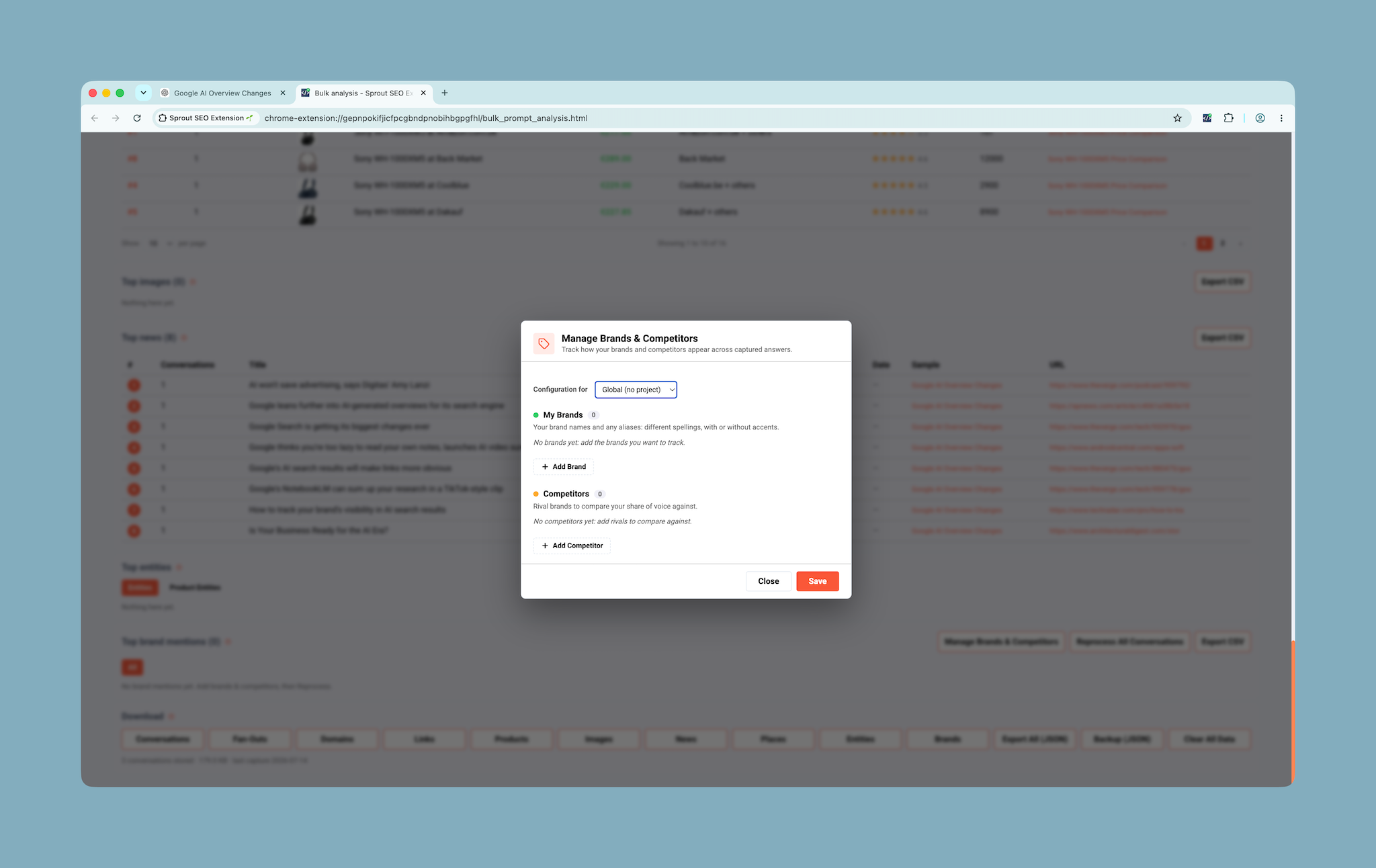 Manage your brands and competing brands while prompt tracking